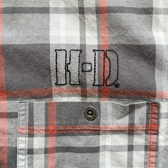 Lightweight Harley Davidson Embroidered Plaid Flannel Shirt Button Gray Orange - Picture 3 of 11
